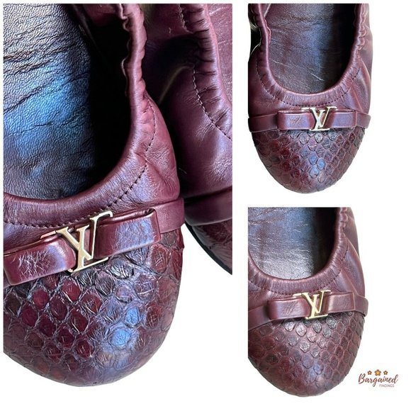 Authentic Louis Vuitton Maroon Leather Reptile Toe Bow Scrunch Ballet Flats 8 - Picture 2 of 13